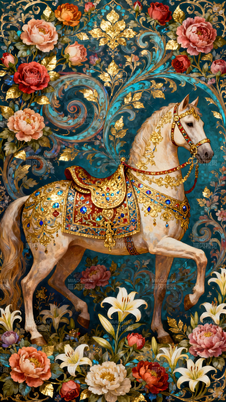 华丽骏马与繁花装饰画-图片