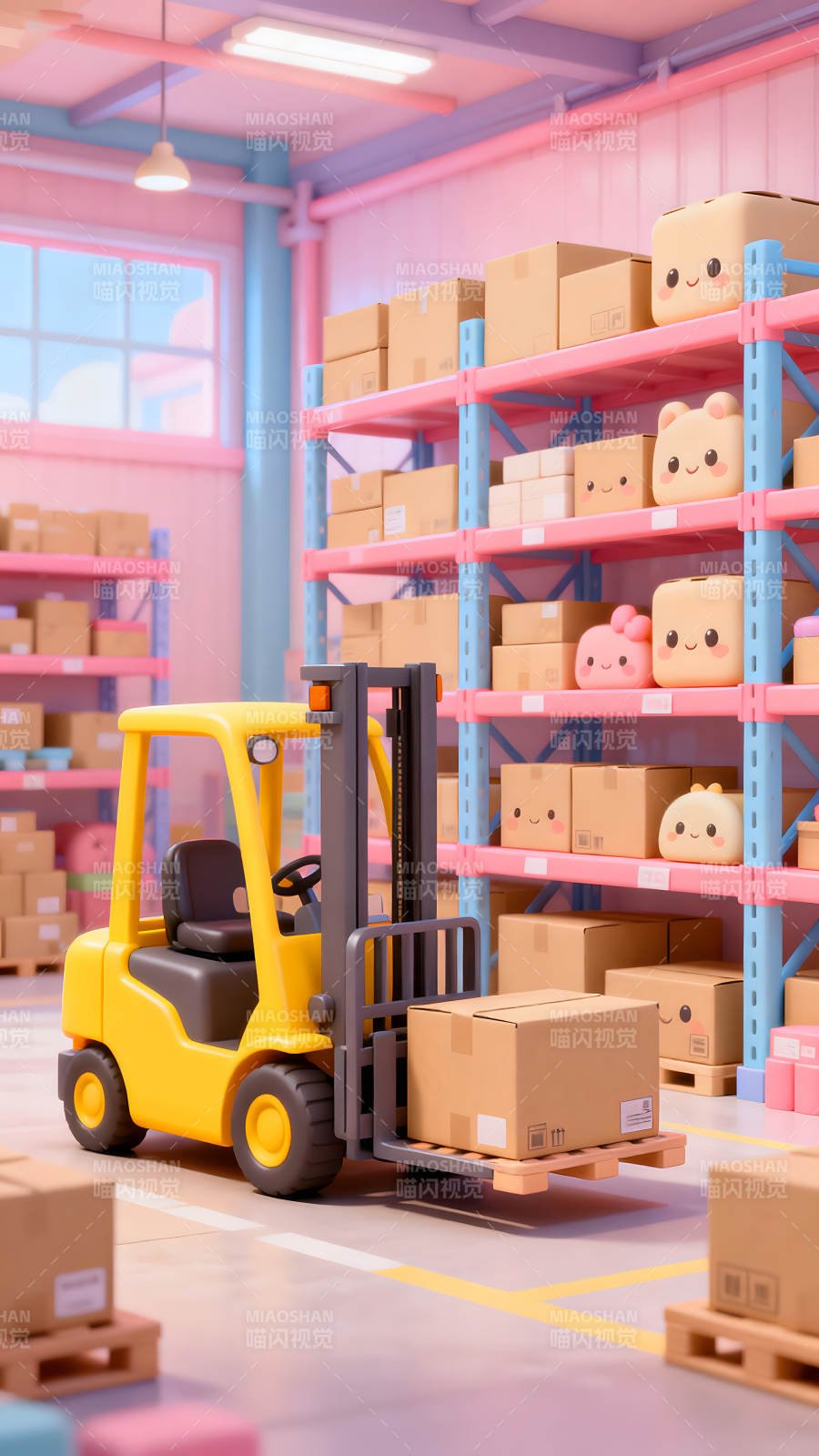 卡通倉庫叉車運輸場景-圖片