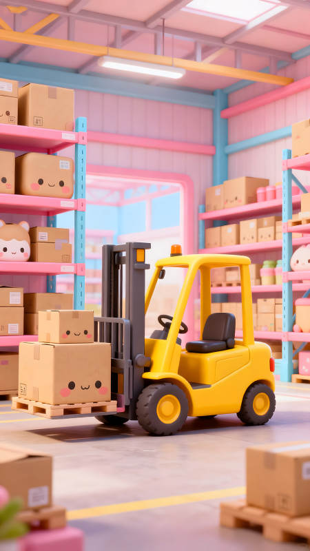 可愛卡通倉庫里的黃色叉車-圖片
