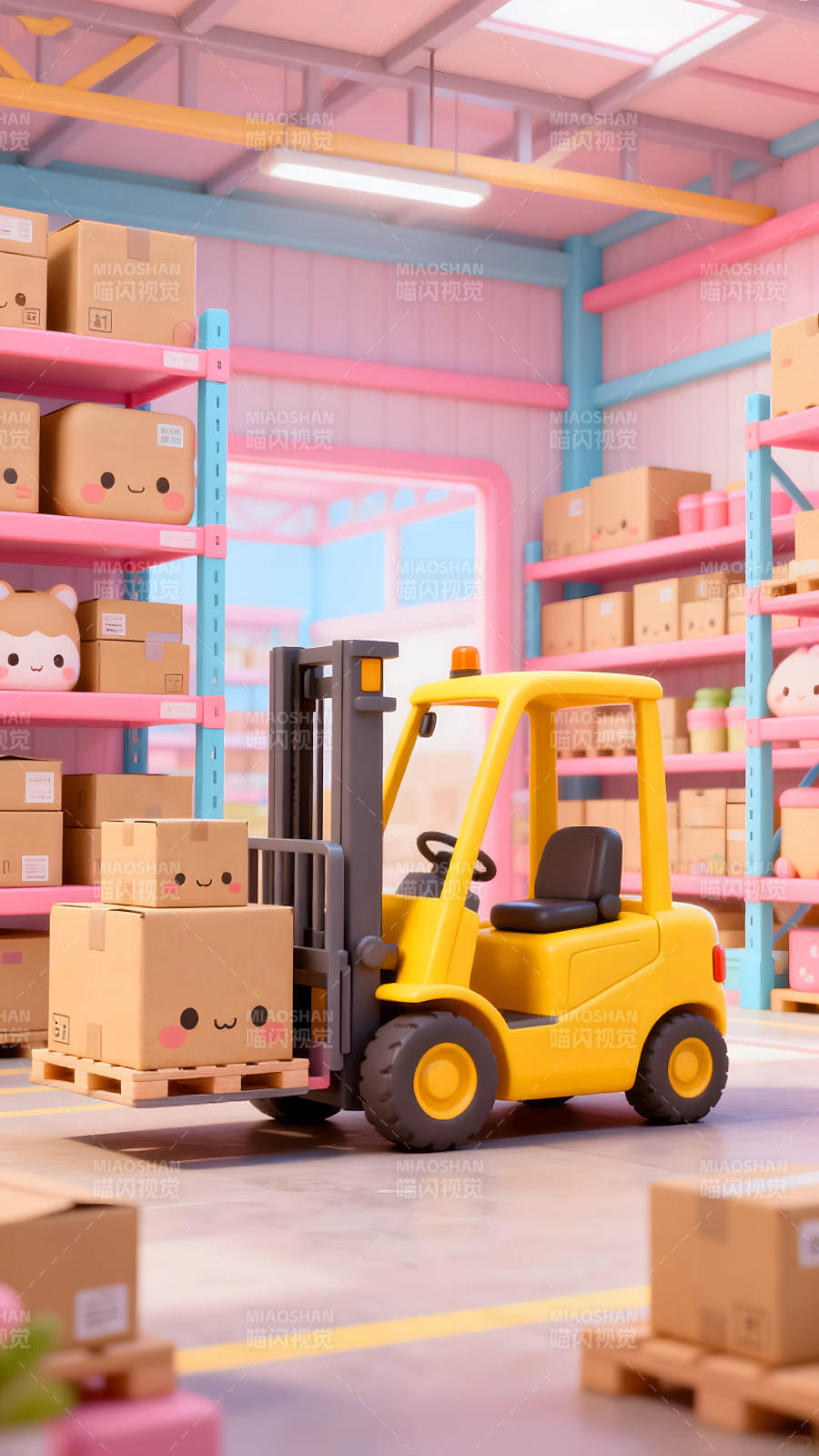 可爱卡通仓库里的黄色叉车-图片