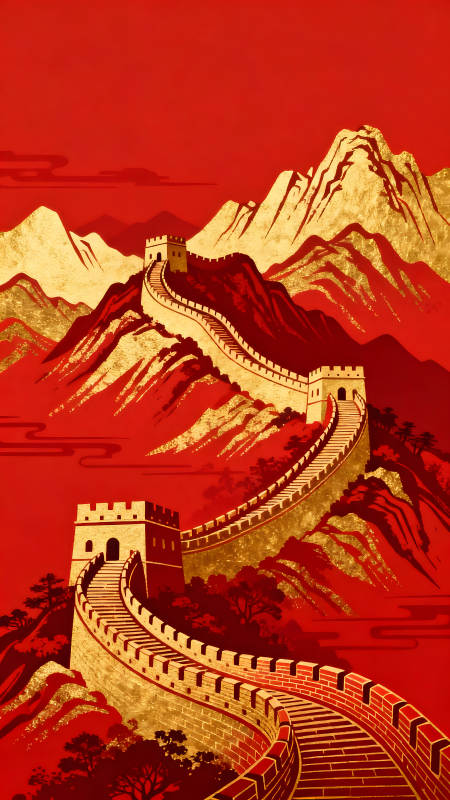 長城金山紅色背景圖-圖片