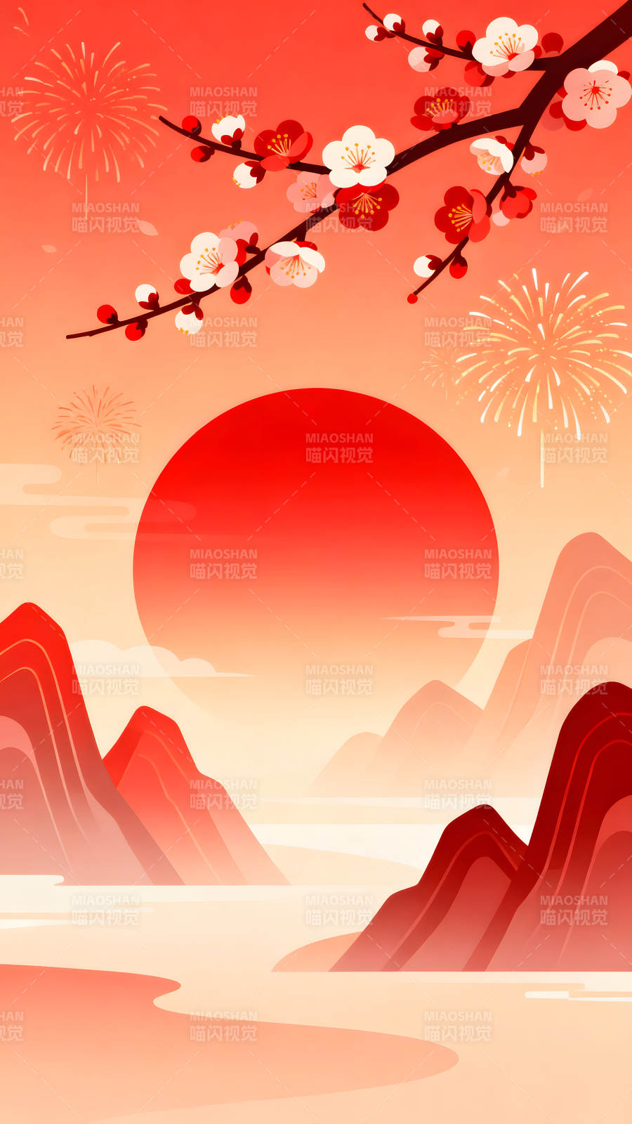 日出山河梅花綻放絢爛-圖片