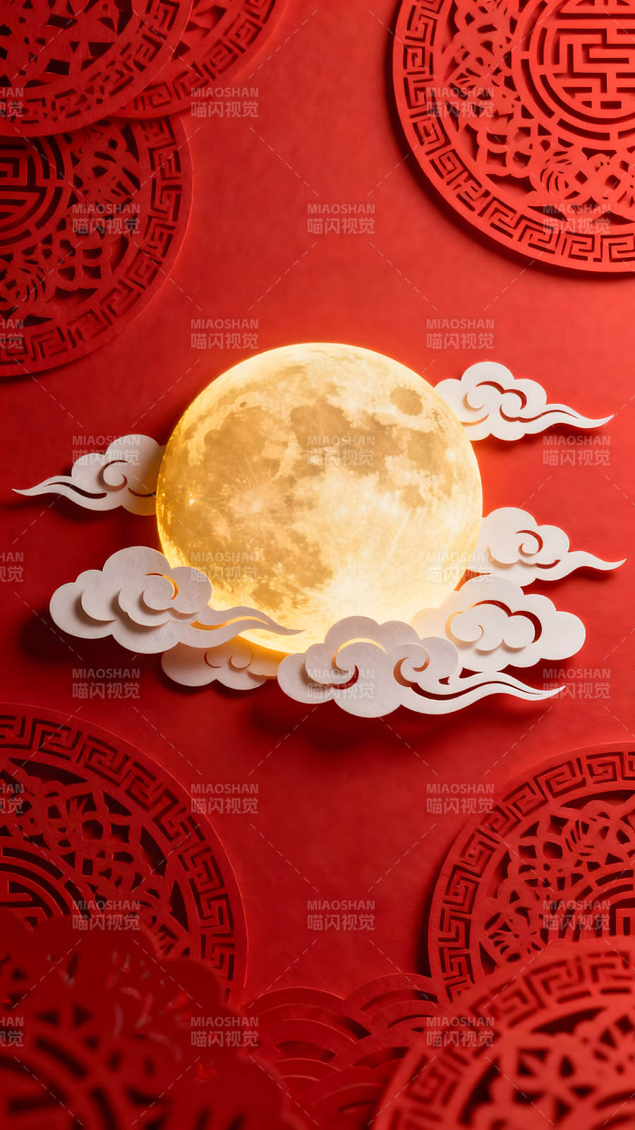 中秋月夜紅色背景剪紙-圖片