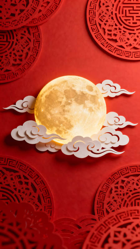 中秋月夜紅色背景剪紙-圖片