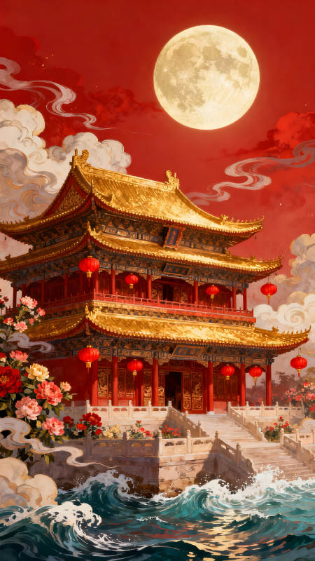 金碧輝煌的東方宮殿月夜祥和景象-圖片