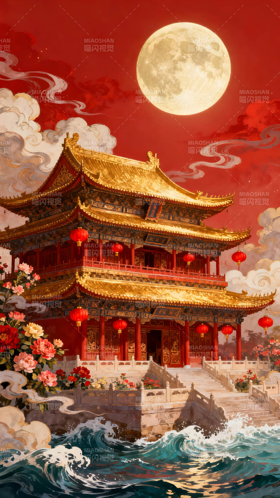 金碧輝煌的東方宮殿月夜祥和景象-圖片