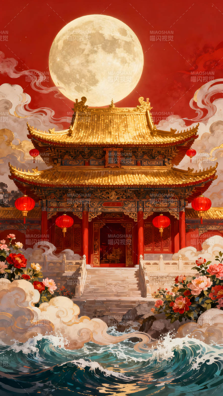 金碧輝煌的宮殿與明月映照-圖片