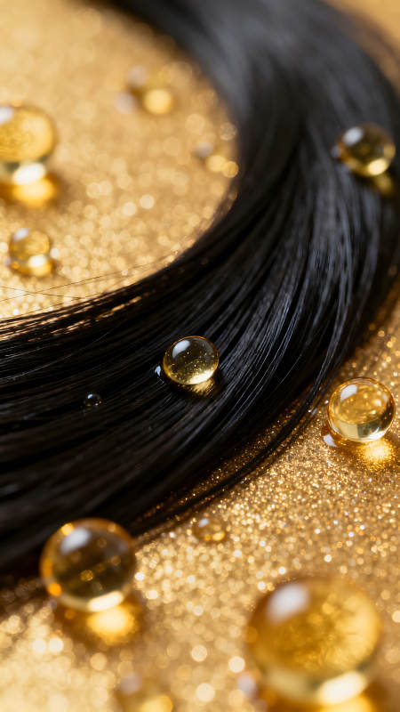 黑色發絲與金黃水珠特寫-圖片