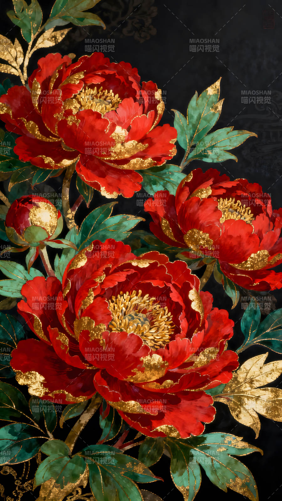 紅金牡丹花卉圖-圖片