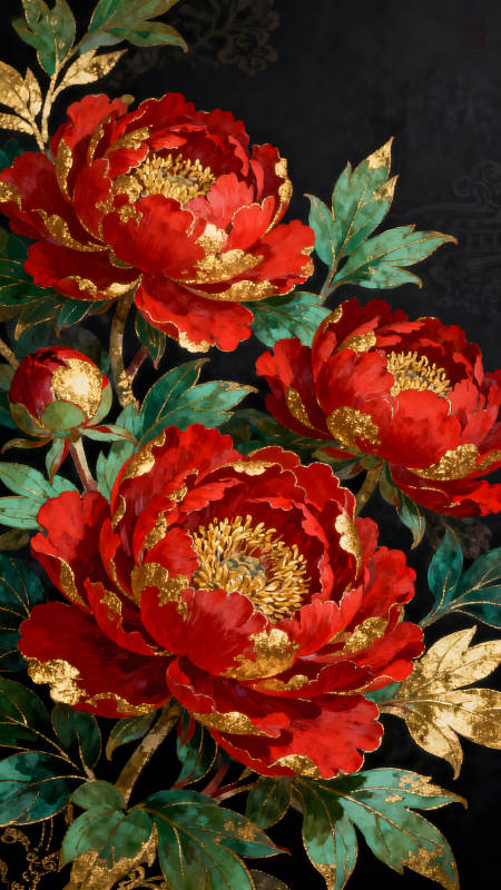 紅金牡丹花卉圖-圖片