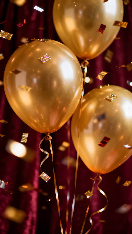 金色的氣球和飄落的彩帶-圖片