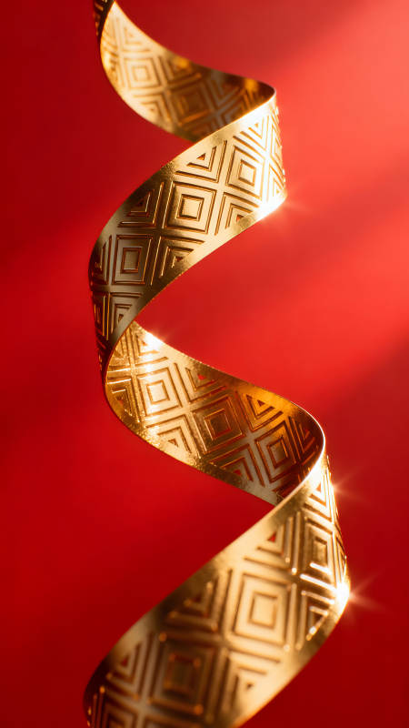 金色絲帶在紅色背景上纏繞-圖片