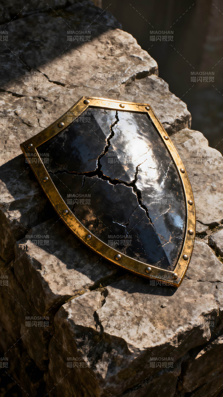 破損的盾牌置于巖石之上-圖片