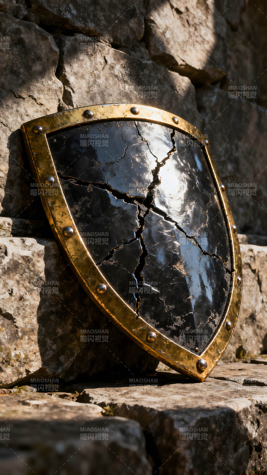 破損的盾牌依偎在石頭上-圖片