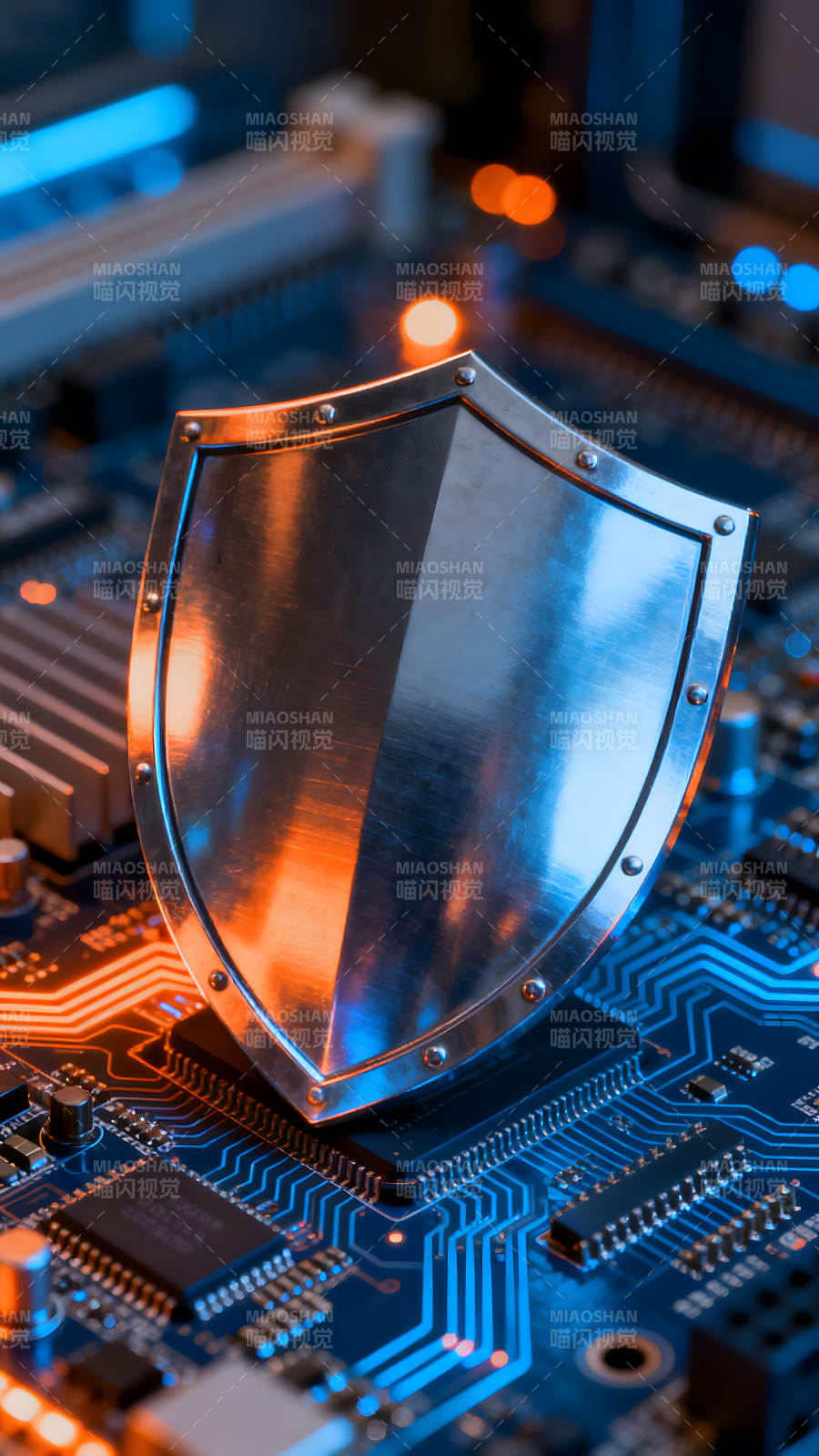 电路板上的盾牌象征安全-图片