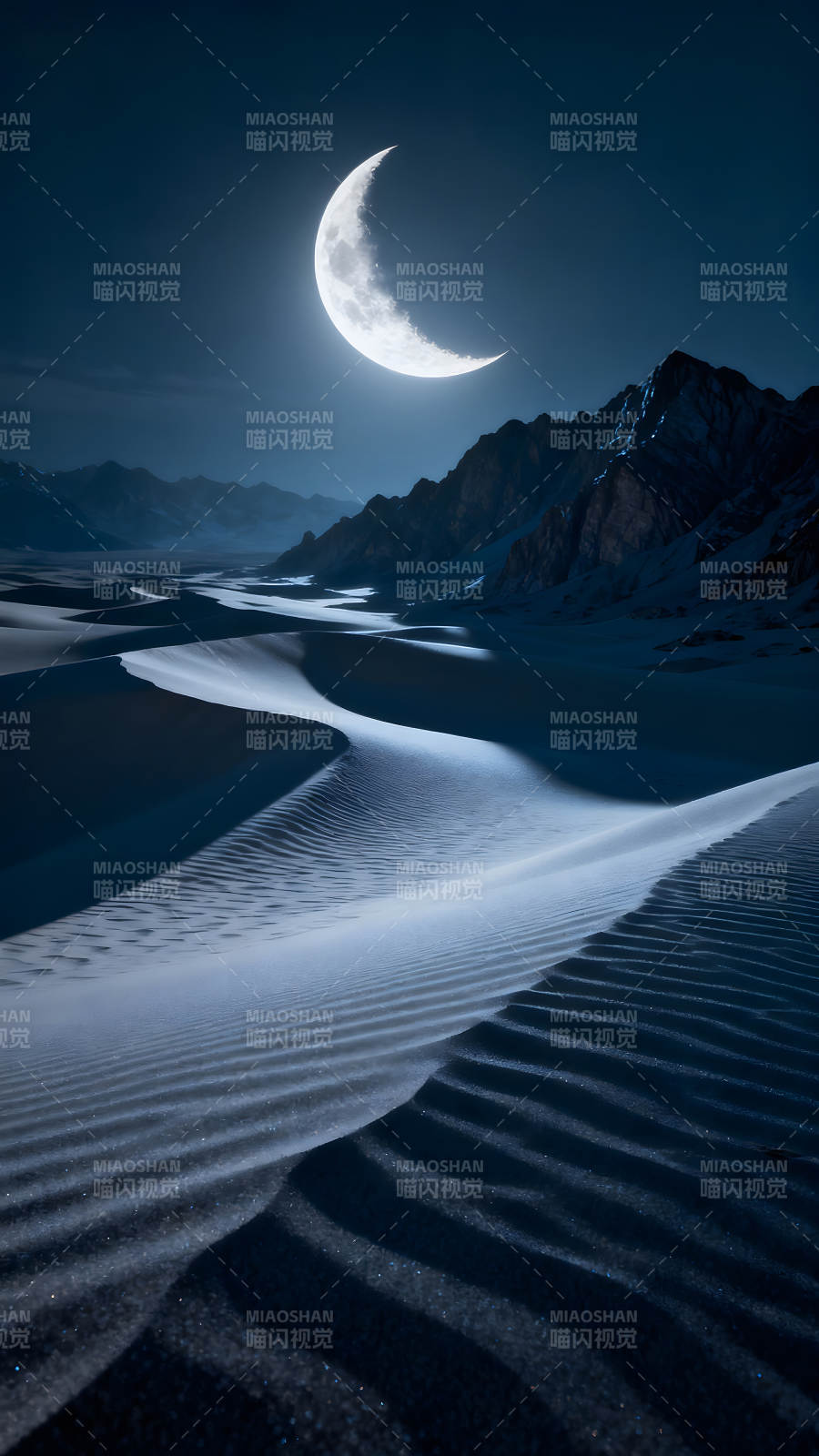 月夜沙漠風光沙丘映月-圖片