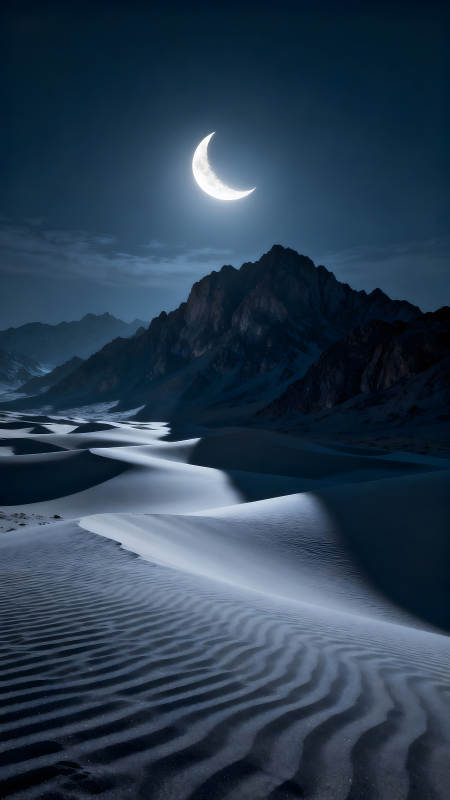 夜幕下的沙漠與彎月光輝-圖片