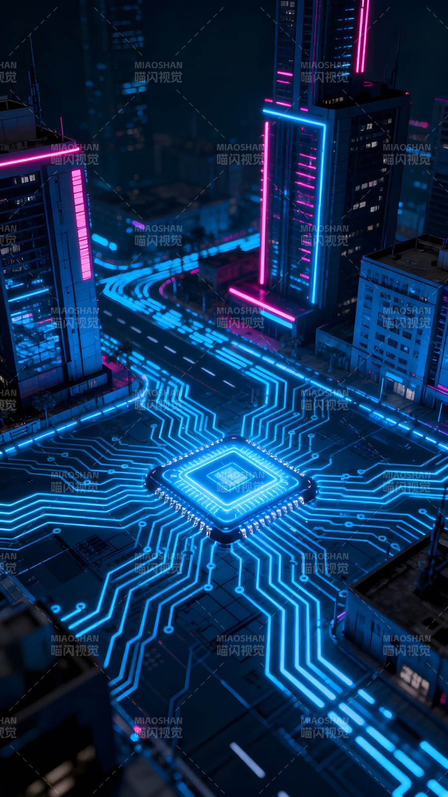賽博朋克城市芯片連接未來科技-圖片