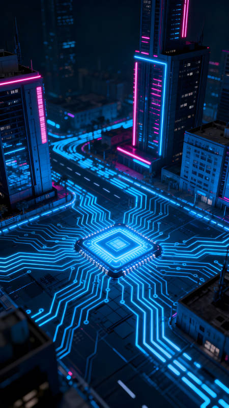 賽博朋克城市芯片連接未來科技-圖片