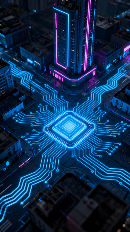 賽博朋克城市與電路連接-圖片