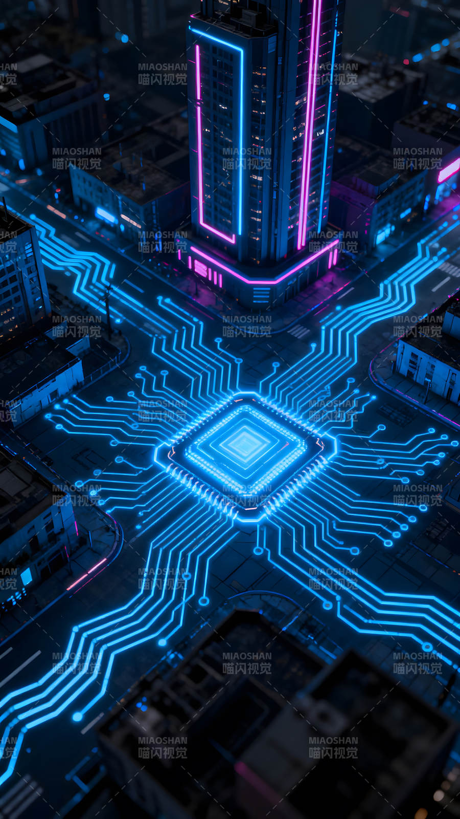 賽博朋克城市與電路連接-圖片