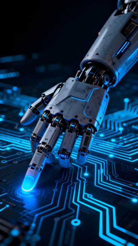 機器人手觸碰電路板上的藍色光芒-圖片