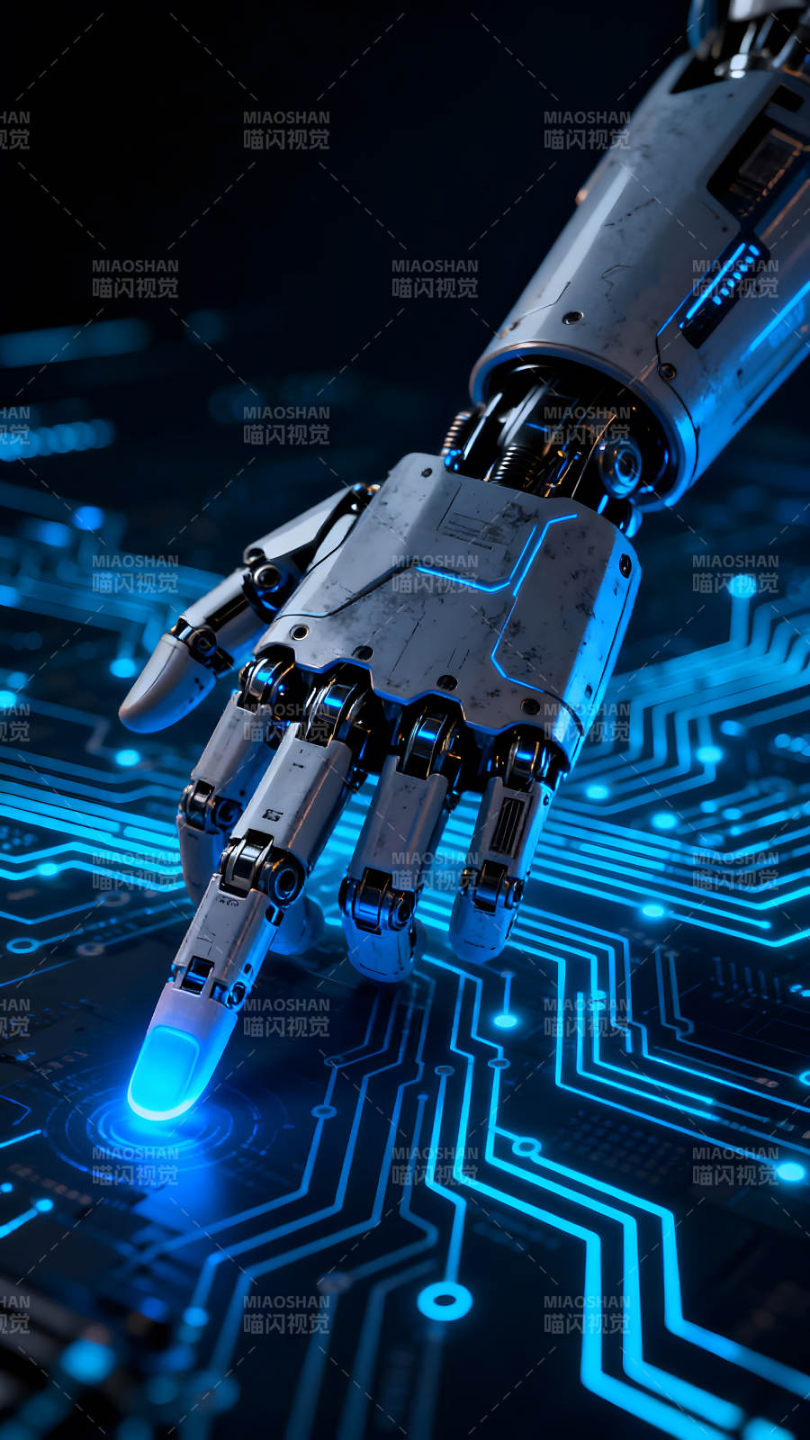 機(jī)器人手觸碰電路板上的藍(lán)色光芒-圖片