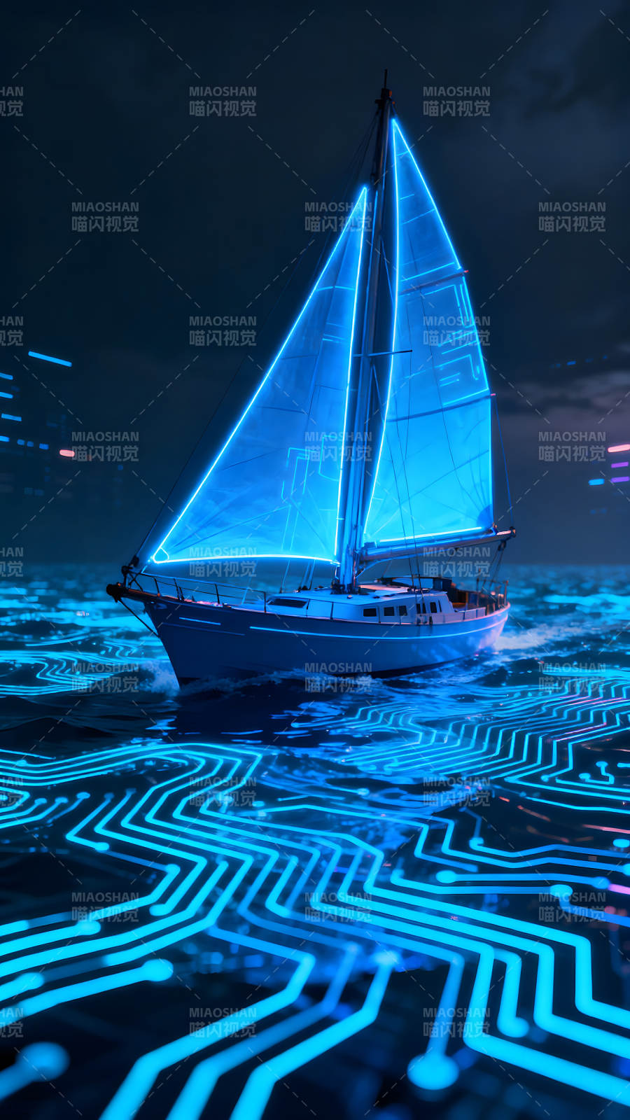 科技帆船航行于電路海洋-圖片