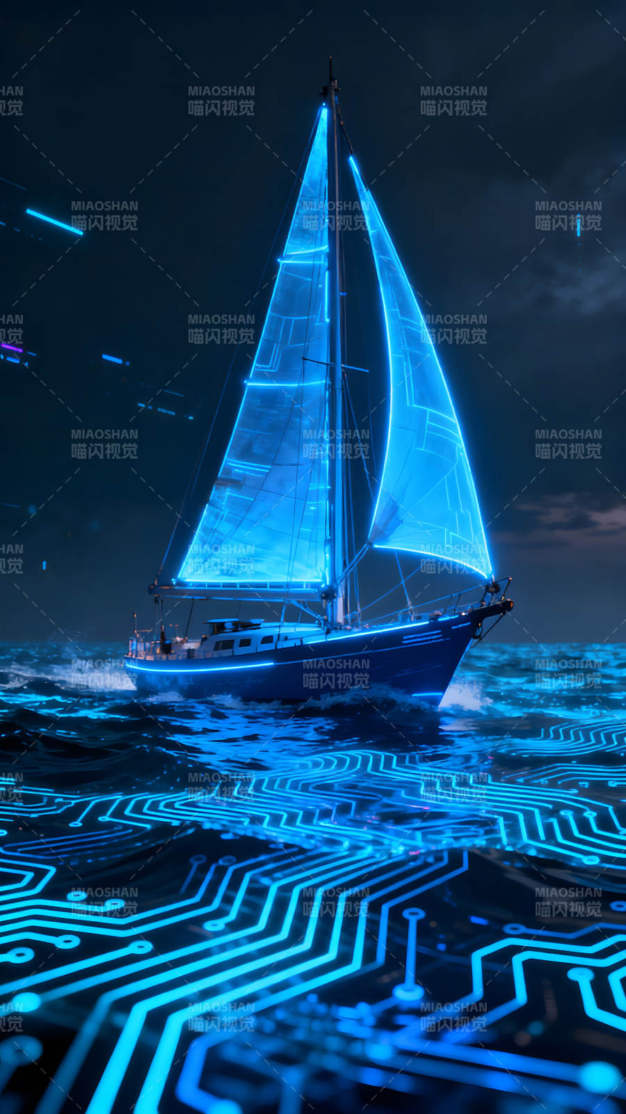 賽博朋克帆船夜航-圖片