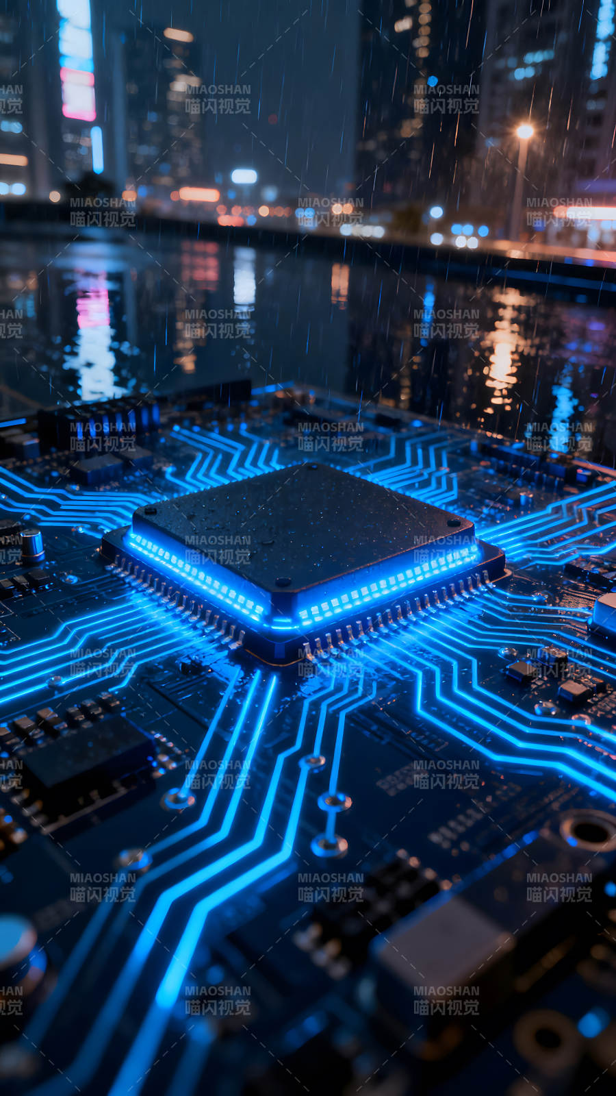 電路板夜景與雨水交融-圖片