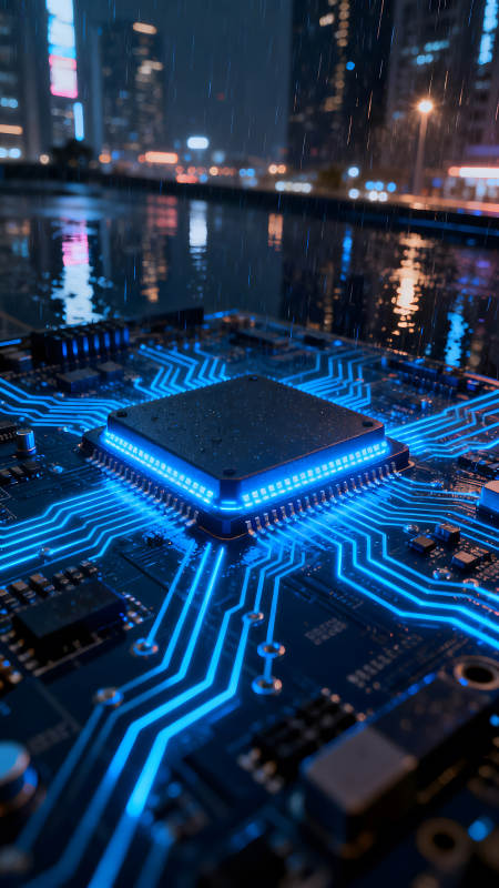 電路板夜景與雨水交融-圖片