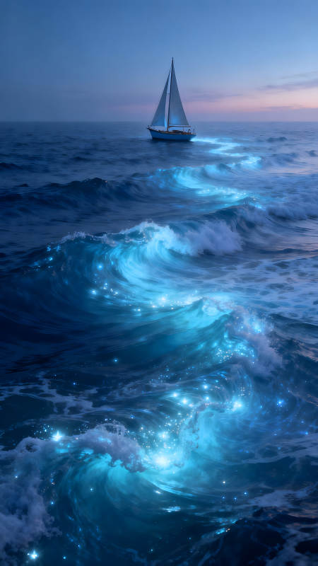 海面夜航船只夢(mèng)幻光影特效-圖片