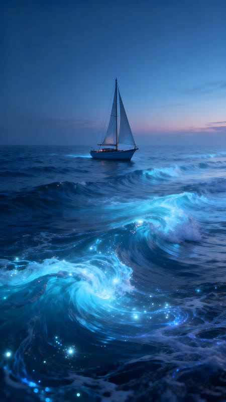 夜幕下的航船與發(fā)光的海浪-圖片