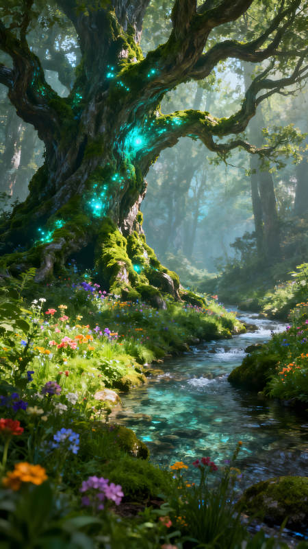 森林仙境光影交織溪水潺潺-圖片