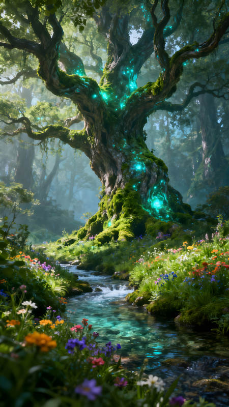 森林里的巨樹與清澈的河流-圖片