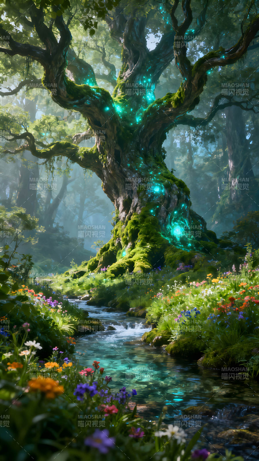 森林里的巨樹與清澈的河流-圖片