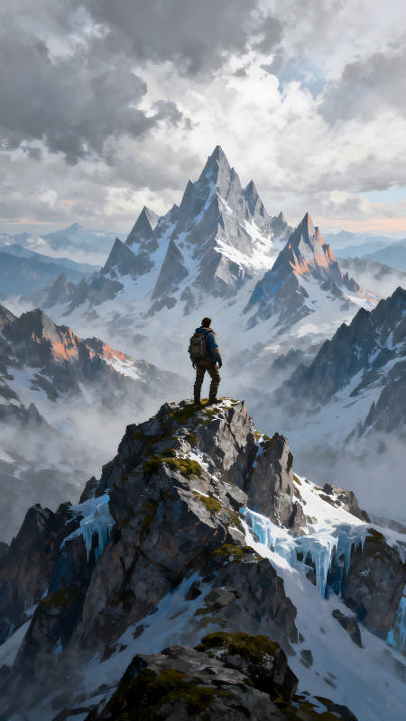 山巔眺望雪山景色冒險者欣賞風景-圖片