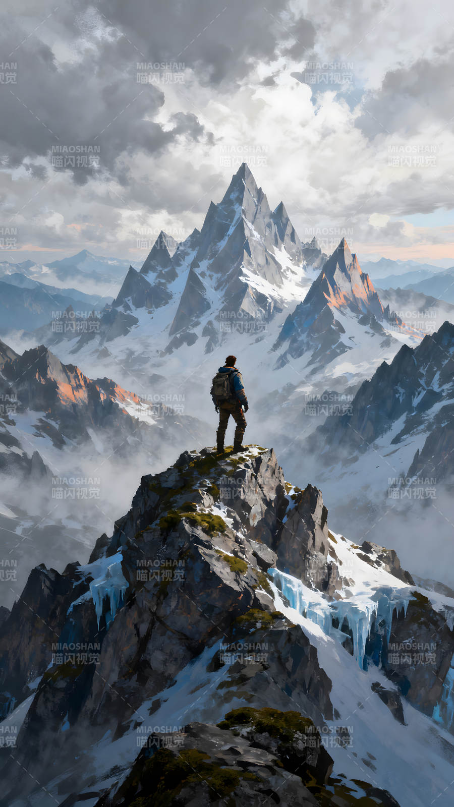 山巔眺望雪山景色冒險者欣賞風景-圖片