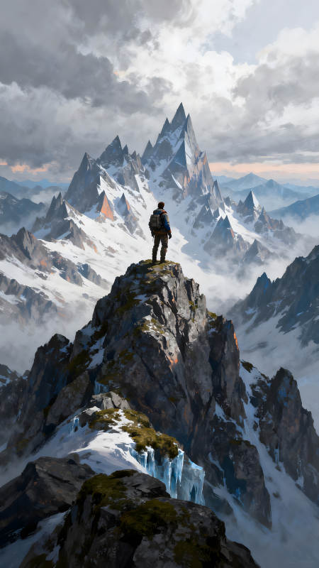 山巔遠眺冒險者群山環繞云霧繚繞-圖片