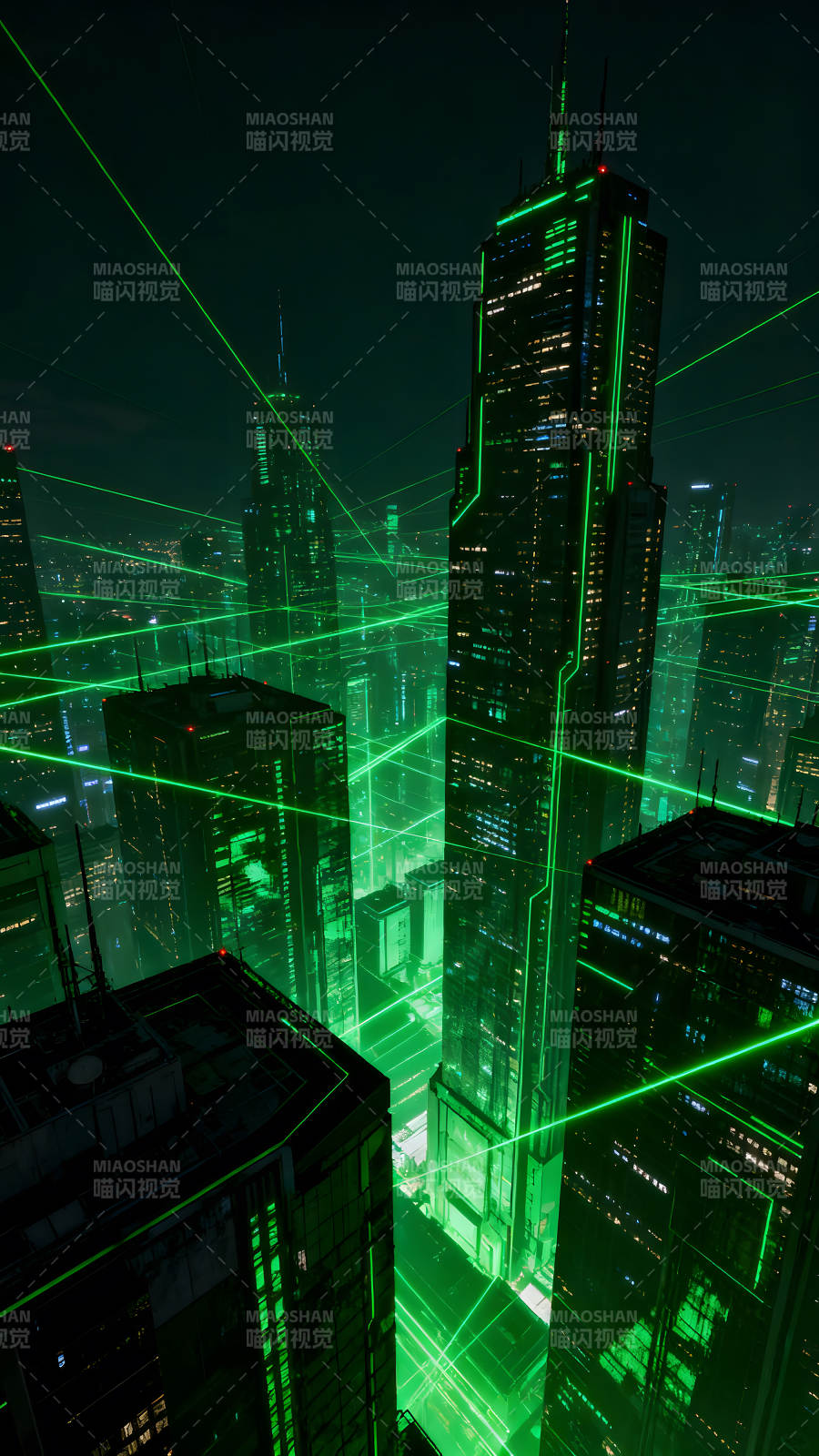 未來都市夜景綠色科技光線-圖片