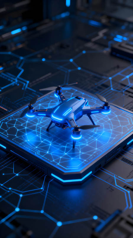 科技感無人機在電路板上發光-圖片