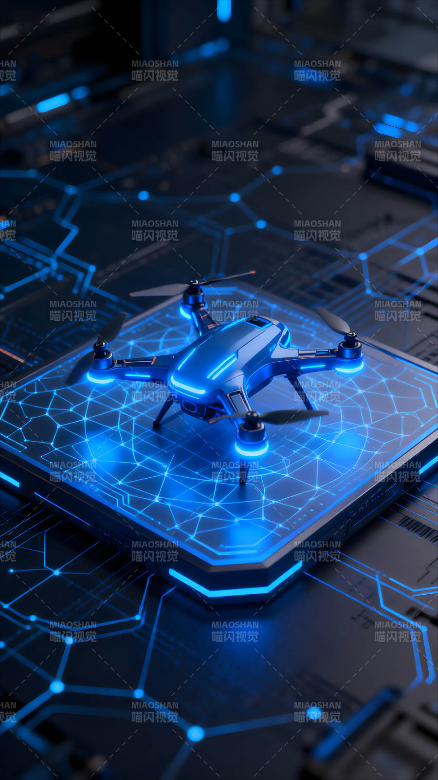 科技感無人機在電路板上發光-圖片