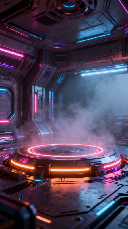 未來科幻場景霓虹燈光籠罩下的飛船內(nèi)部-圖片
