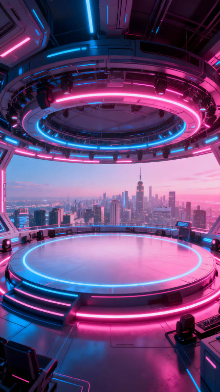 未來科技演播廳俯瞰城市夜景-圖片