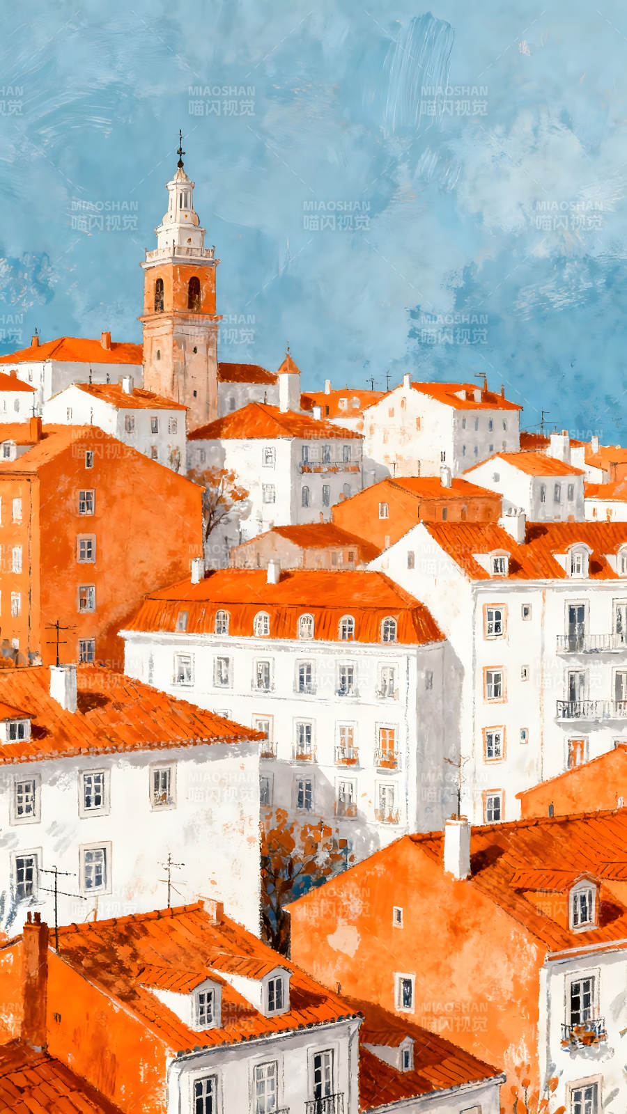 葡萄牙城市風景畫紅瓦白墻-圖片
