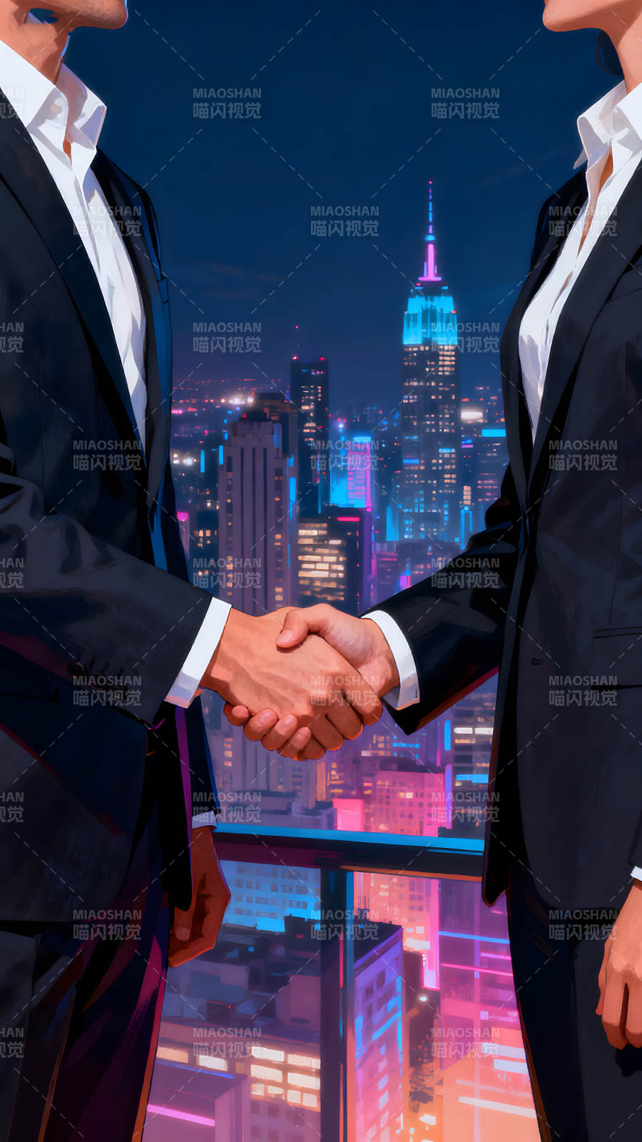 城市夜景下的商务合作握手-图片