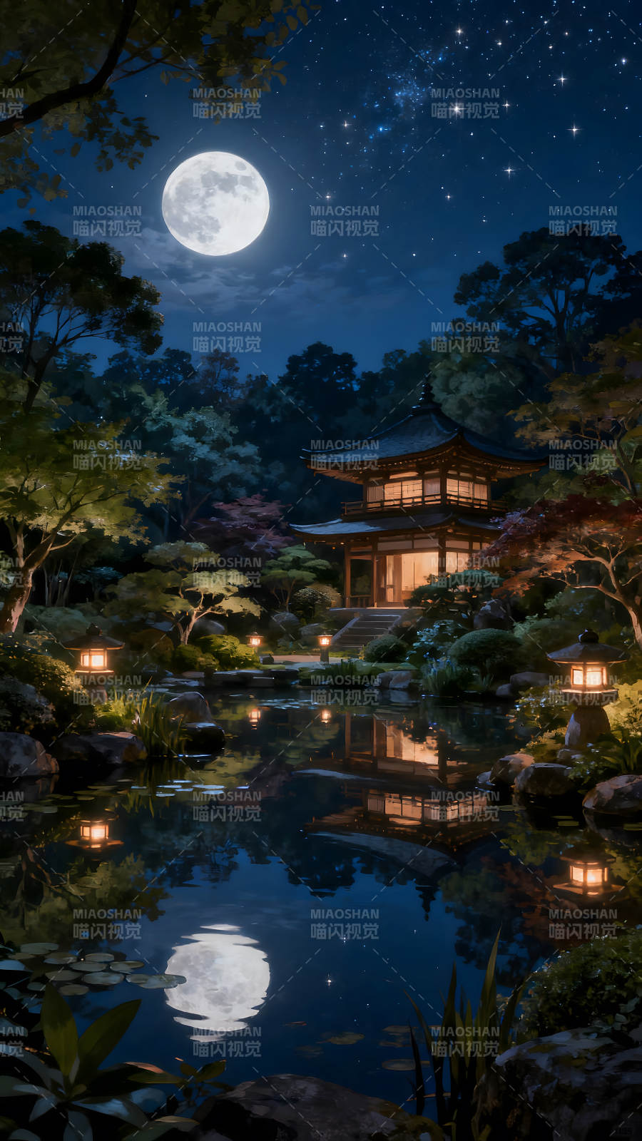 月夜下的日式庭院倒影-图片