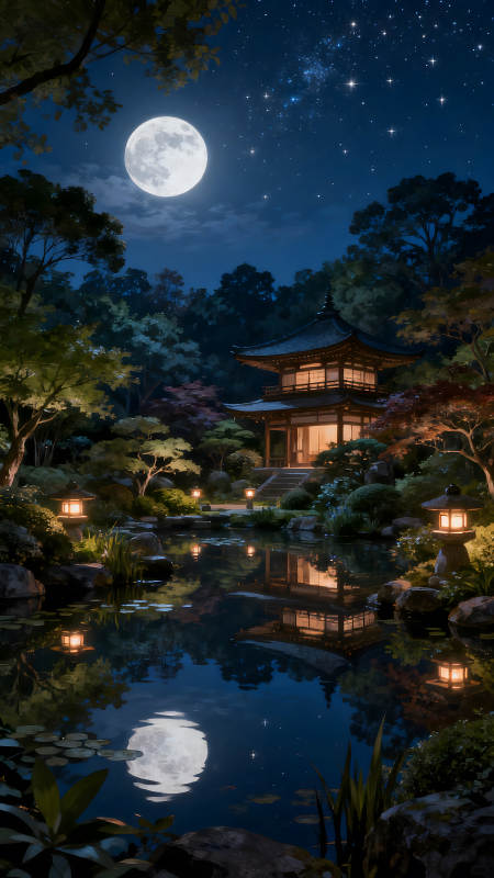 月夜下的日式庭院倒影-圖片