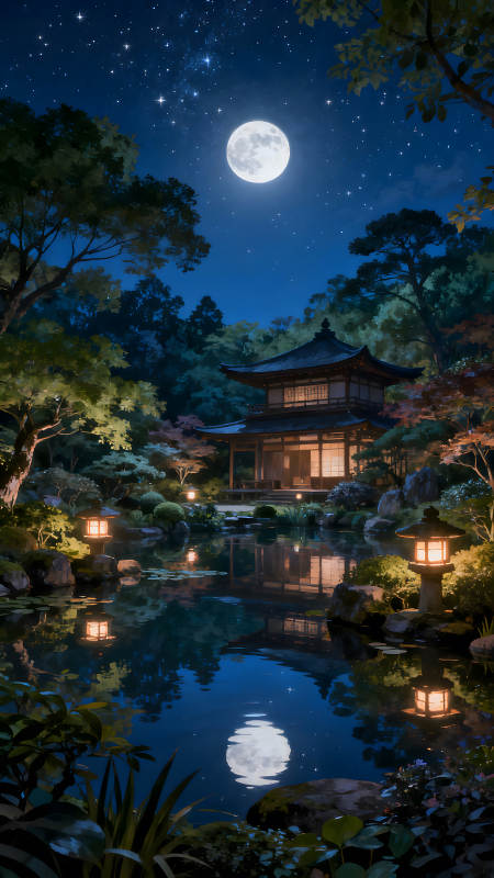 夜晚月光下的日式庭院-圖片