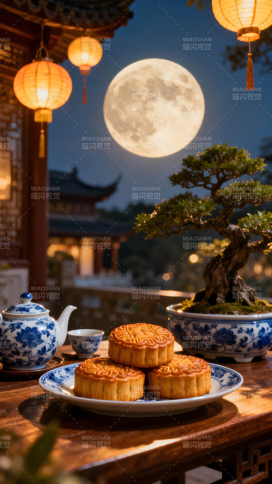 中秋佳节月饼茶点夜景-图片